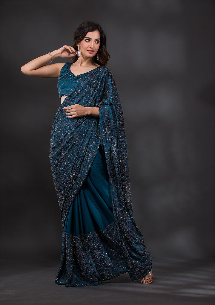 Peacock Blue Satin Silver Stonework Saree With Matching Blouse Piece