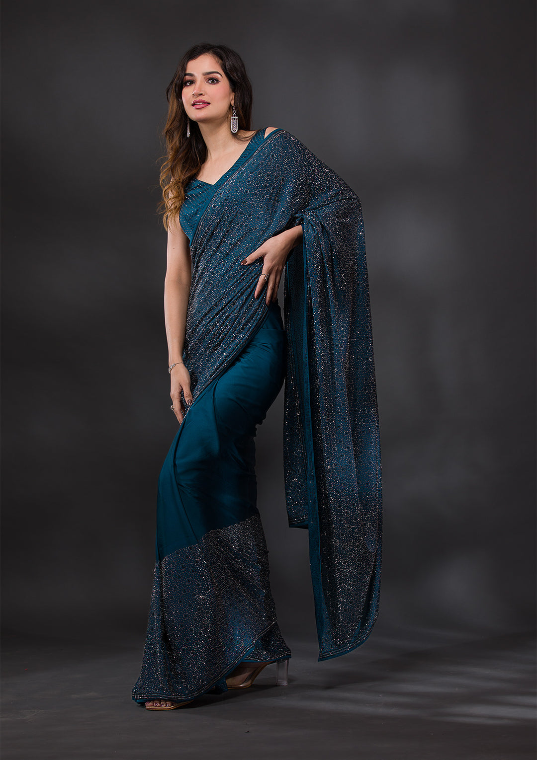 Peacock Blue Satin Silver Stonework Saree With Matching Blouse Piece