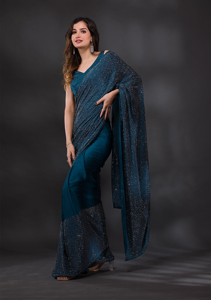 Peacock Blue Satin Silver Stonework Saree With Matching Blouse Piece