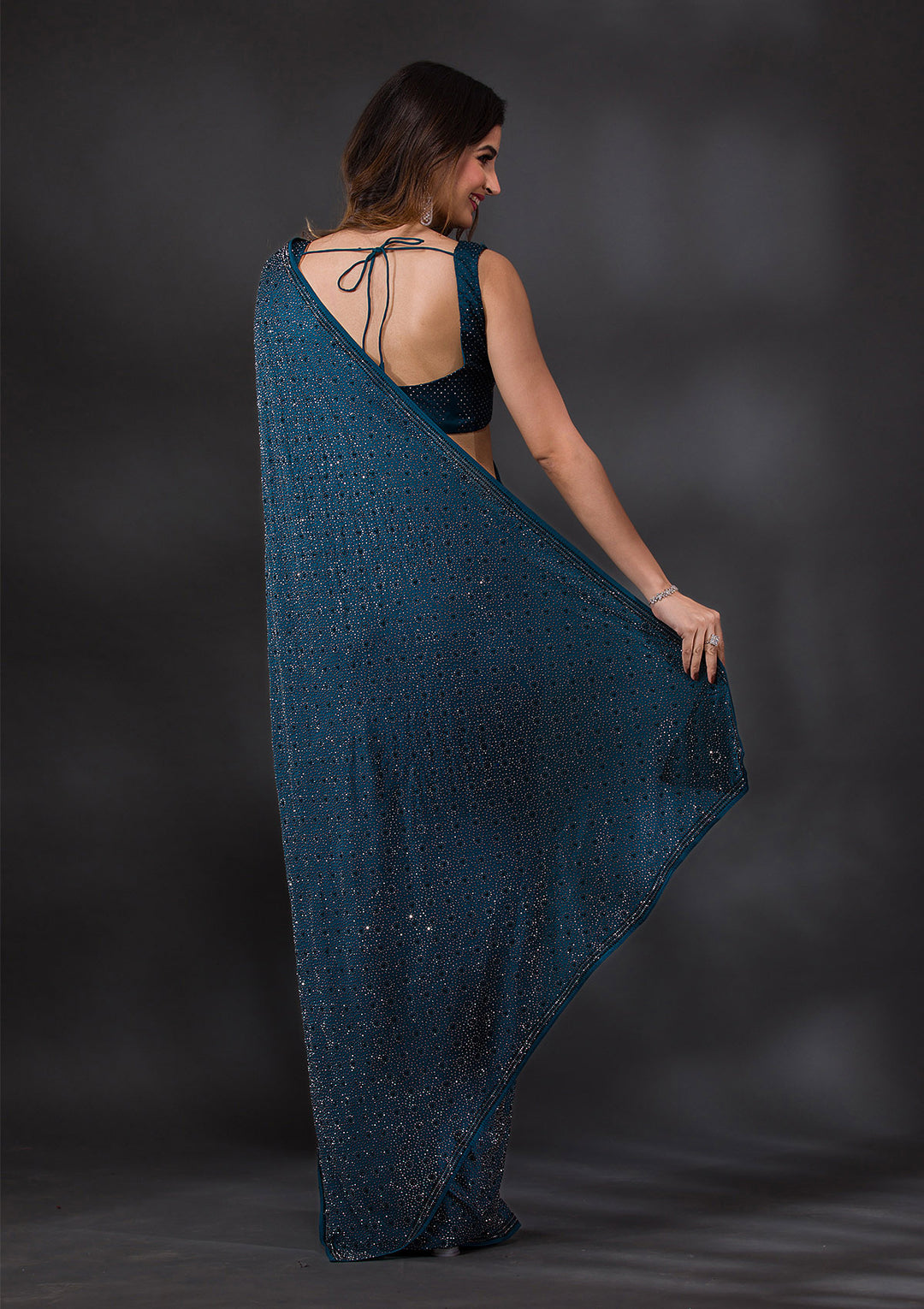Peacock Blue Satin Silver Stonework Saree With Matching Blouse Piece