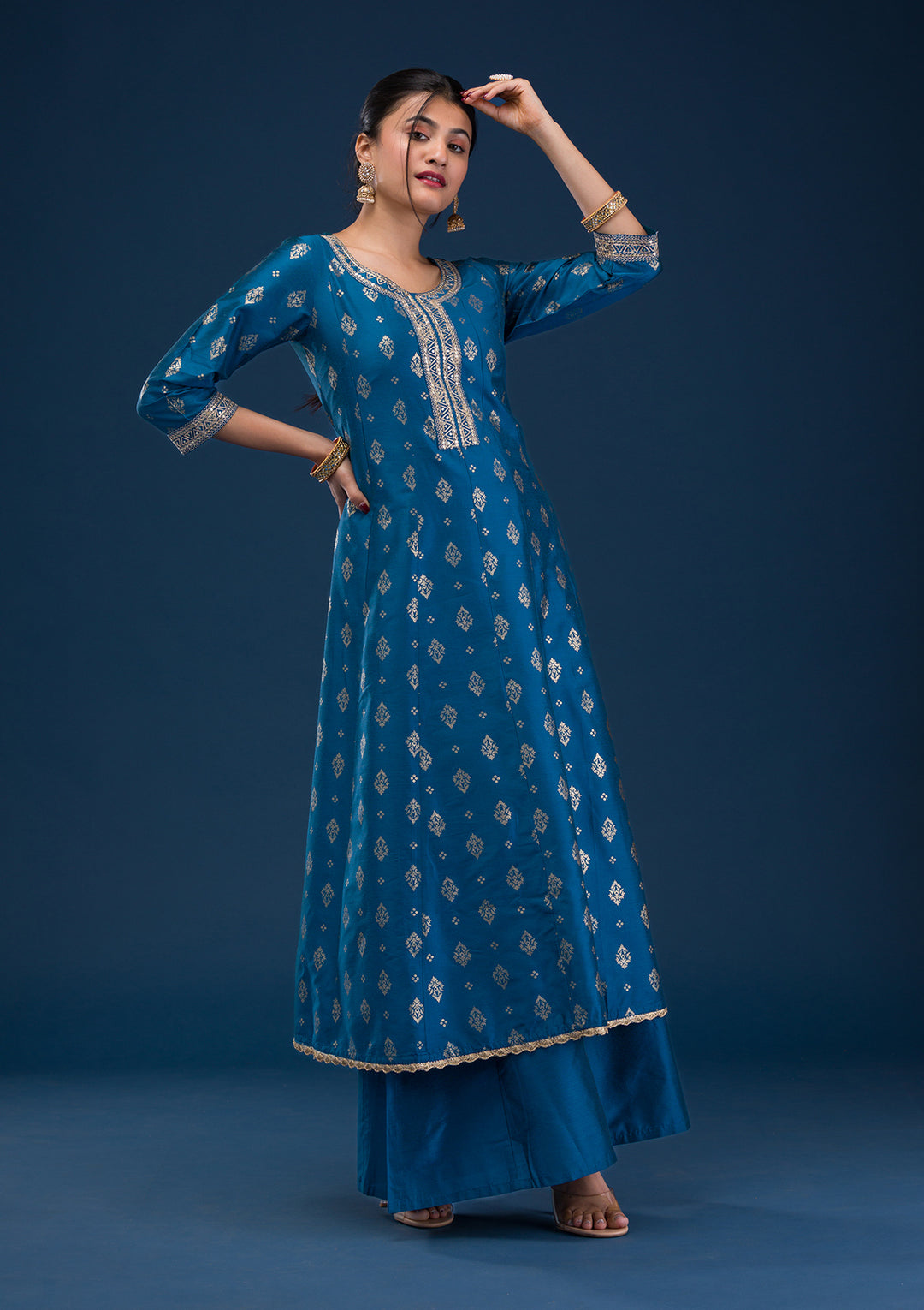 Peacock Blue Threadwork Art Silk Readymade Salwar Suit
