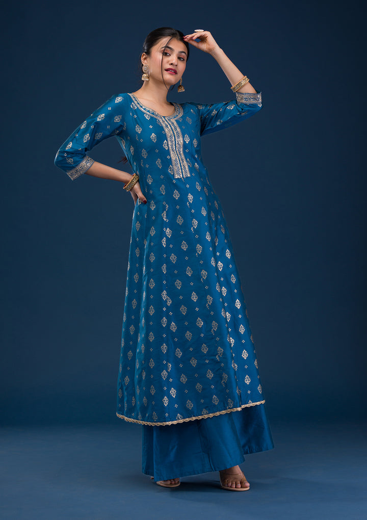Peacock Blue Threadwork Art Silk Readymade Salwar Suit