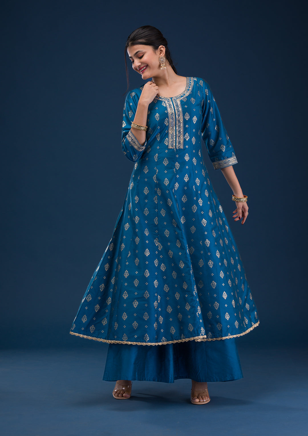 Peacock Blue Threadwork Art Silk Readymade Salwar Suit
