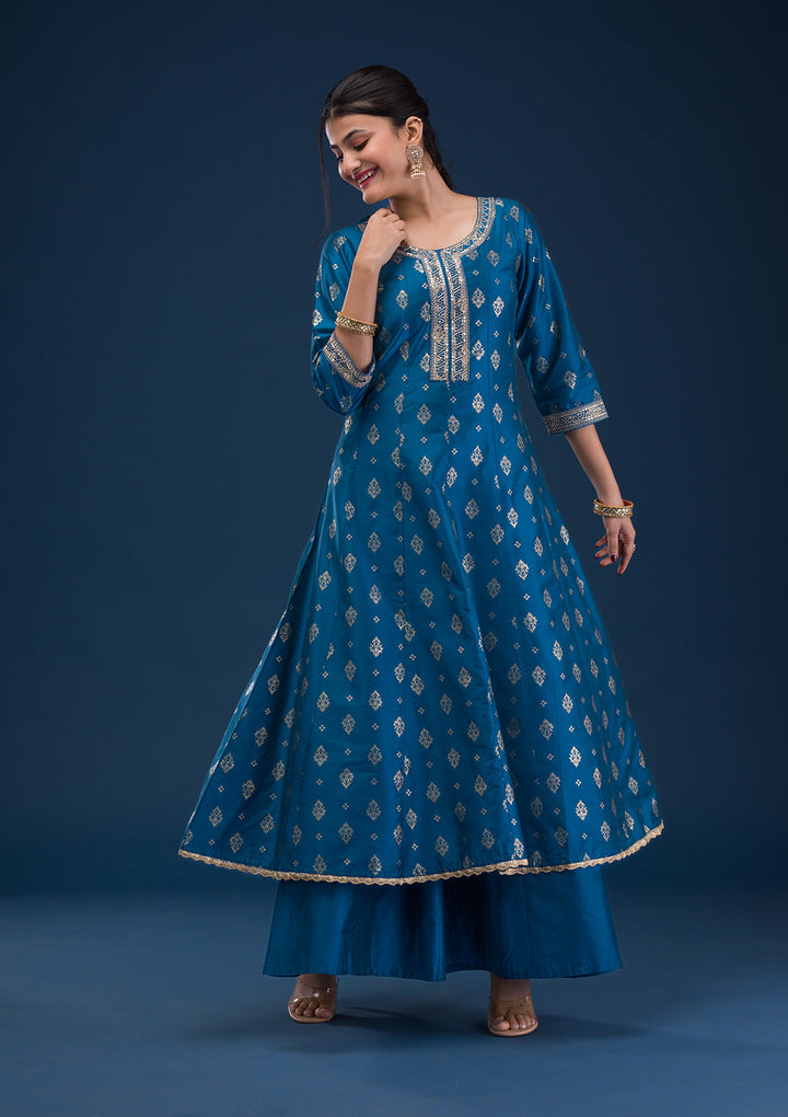 Peacock Blue Threadwork Art Silk Readymade Salwar Suit