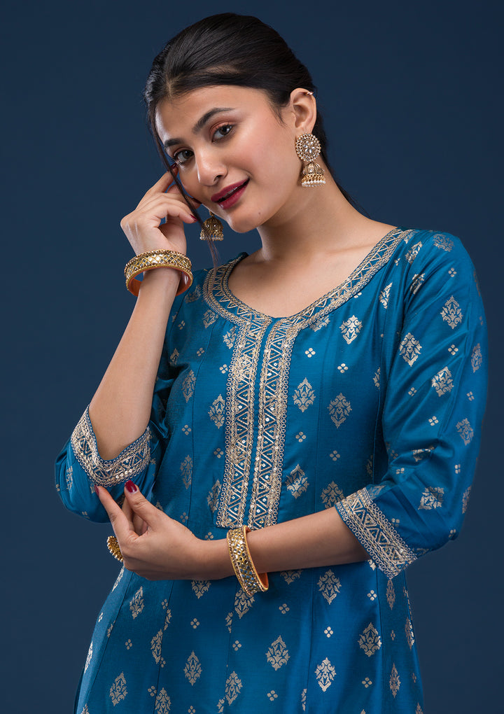 Peacock Blue Threadwork Art Silk Readymade Salwar Suit