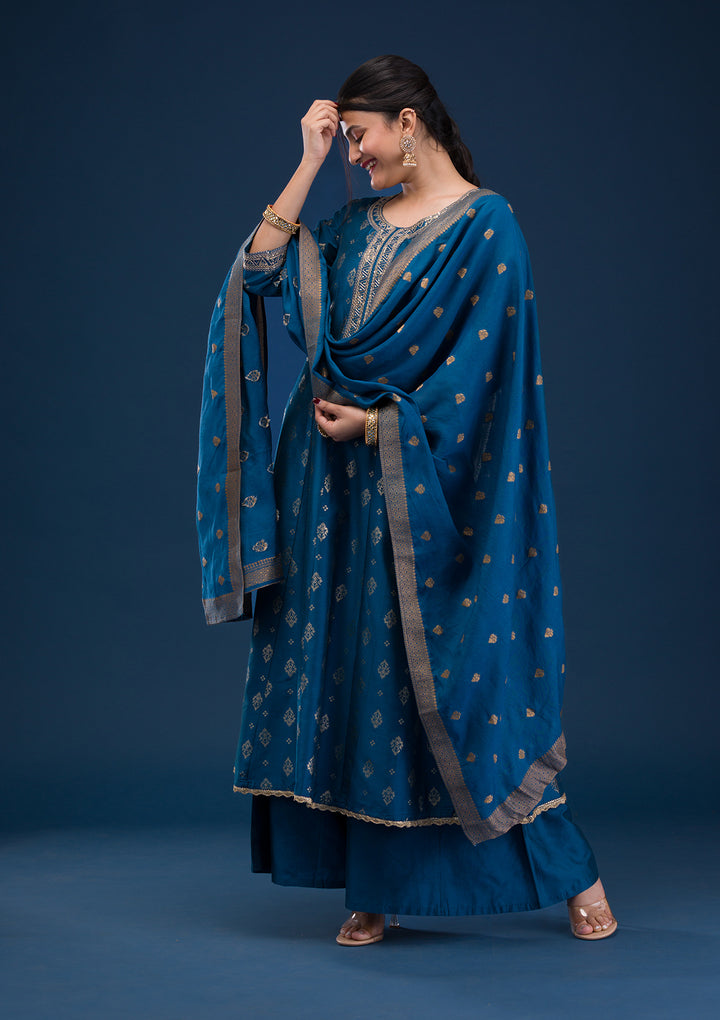 Peacock Blue Threadwork Art Silk Readymade Salwar Suit