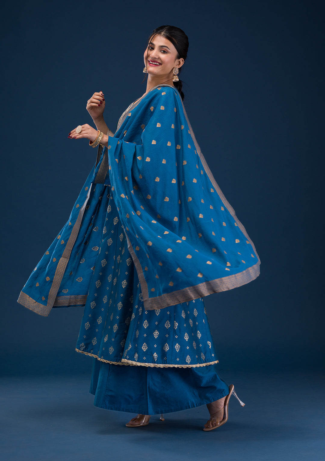 Peacock Blue Threadwork Art Silk Readymade Salwar Suit