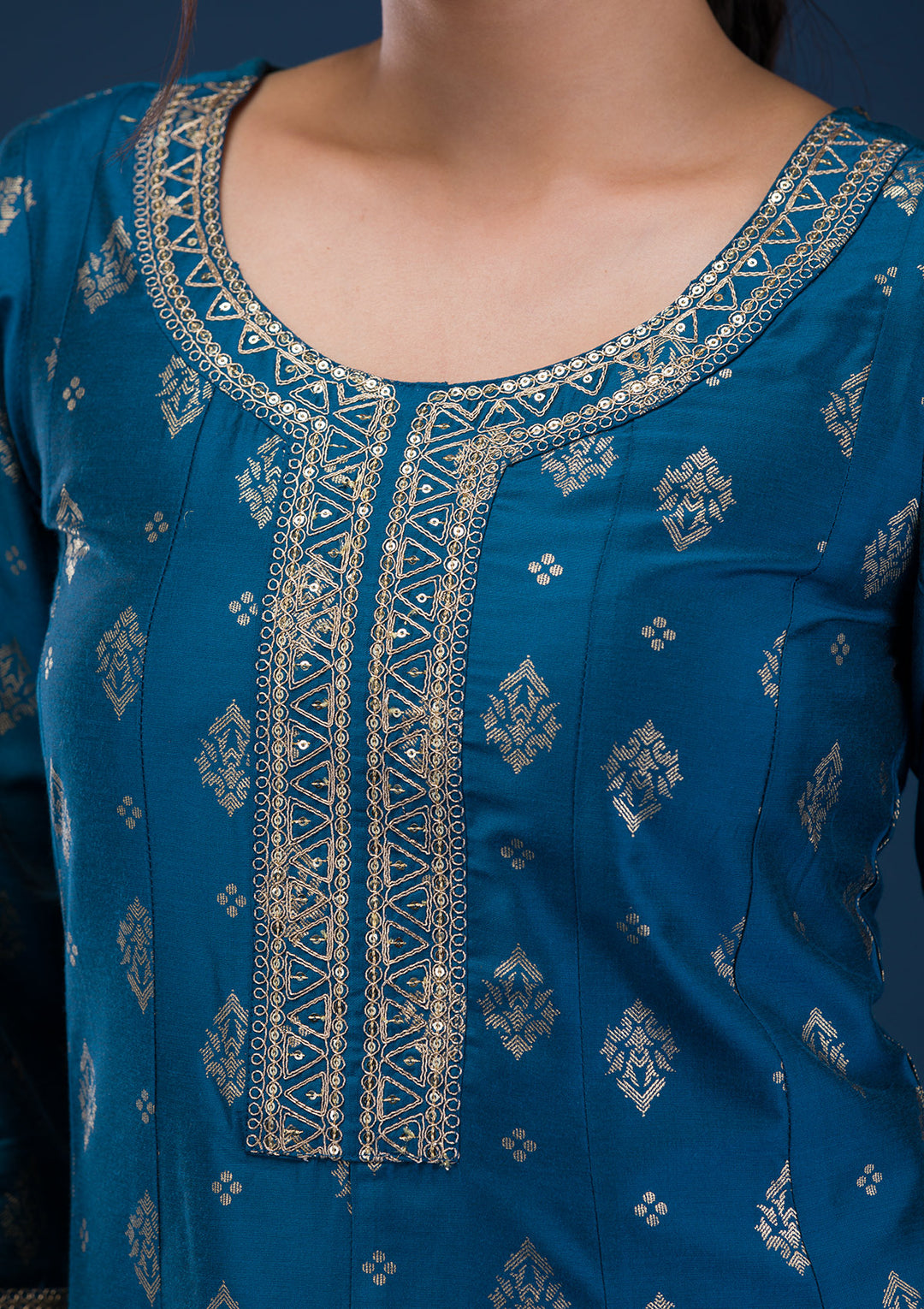 Peacock Blue Threadwork Art Silk Readymade Salwar Suit