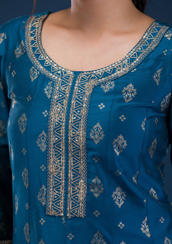 Peacock Blue Threadwork Art Silk Readymade Salwar Suit