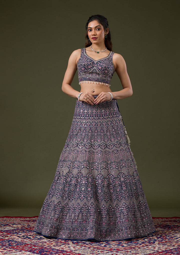 Peacock Blue Threadwork Net Readymade Lehenga