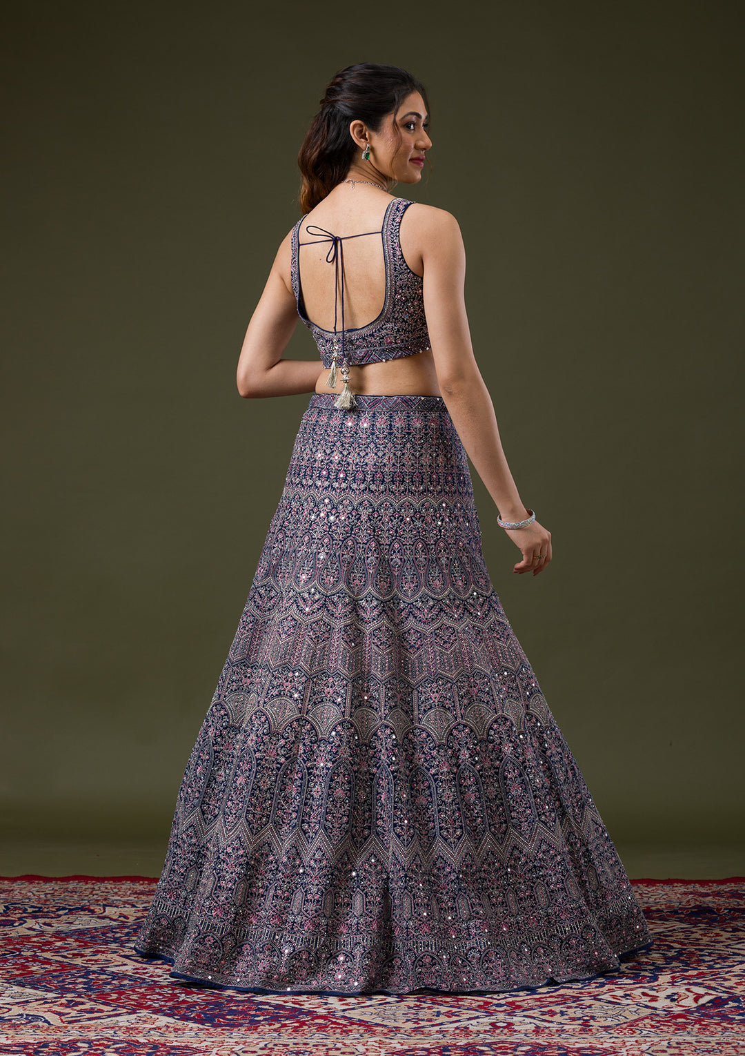 Peacock Blue Threadwork Net Readymade Lehenga
