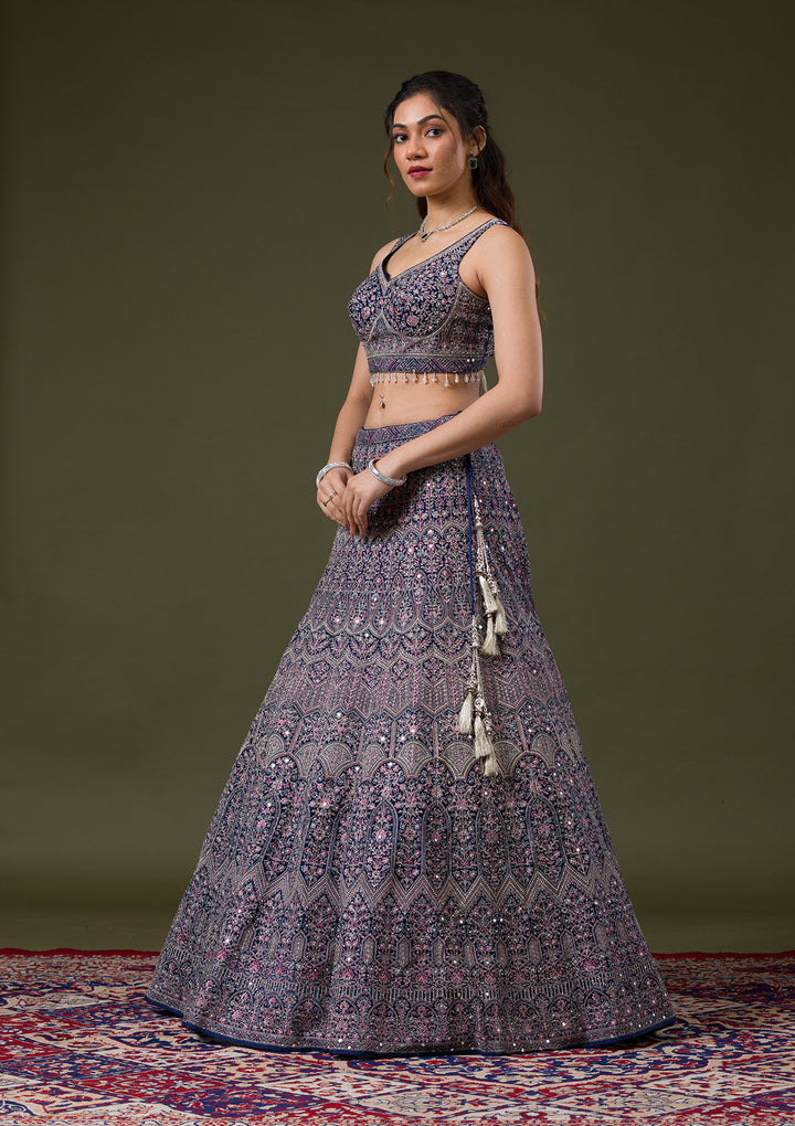 Peacock Blue Threadwork Net Readymade Lehenga