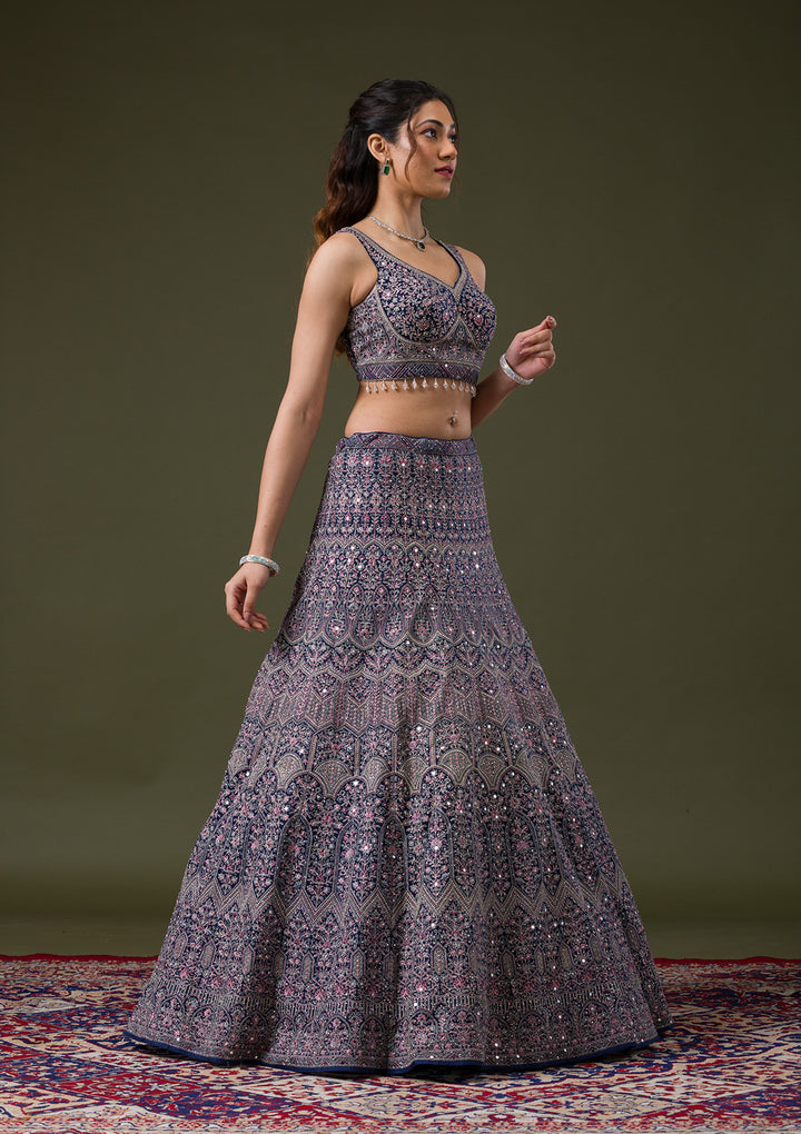 Peacock Blue Threadwork Net Readymade Lehenga