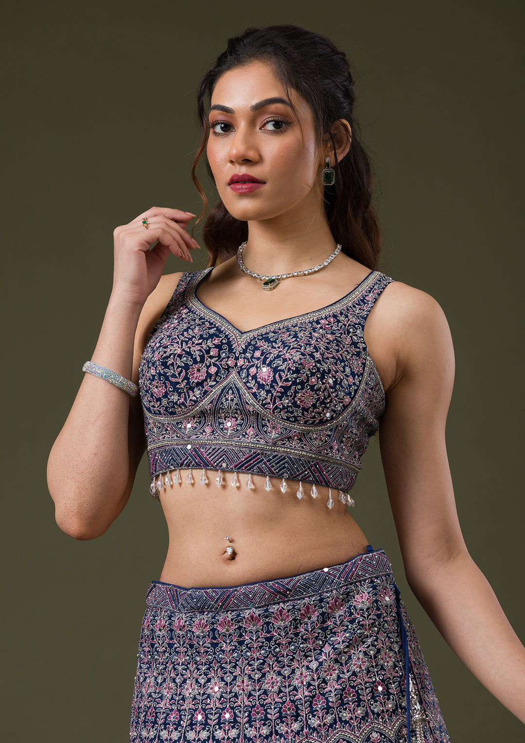 Peacock Blue Threadwork Net Readymade Lehenga