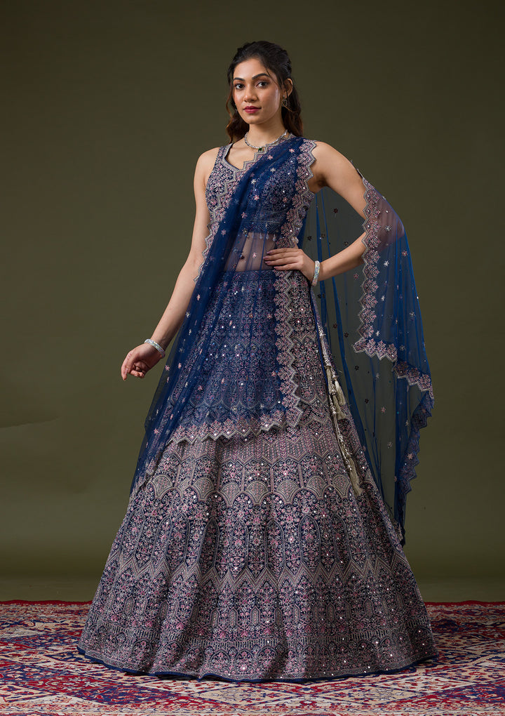 Peacock Blue Threadwork Net Readymade Lehenga
