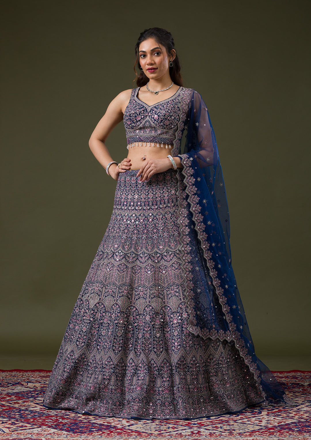 Peacock Blue Threadwork Net Readymade Lehenga