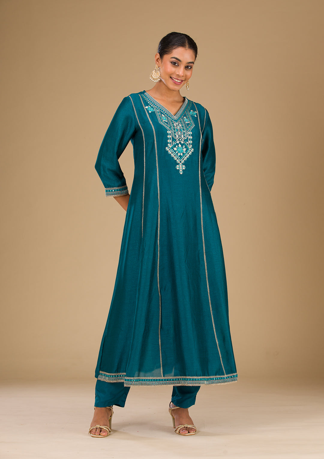 Koskii Teal Soft Raw Silk Salwar Suit – Readymade Elegance