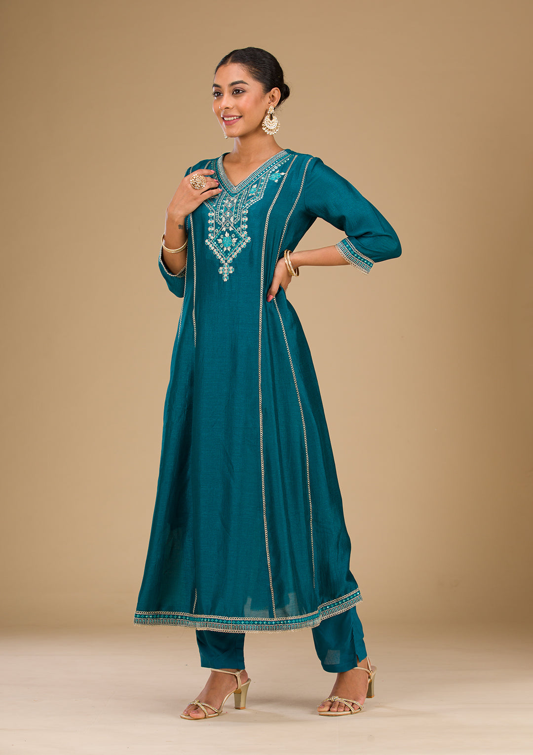 Koskii Teal Soft Raw Silk Salwar Suit – Readymade Elegance