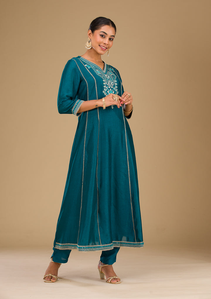 Koskii Teal Soft Raw Silk Salwar Suit – Readymade Elegance