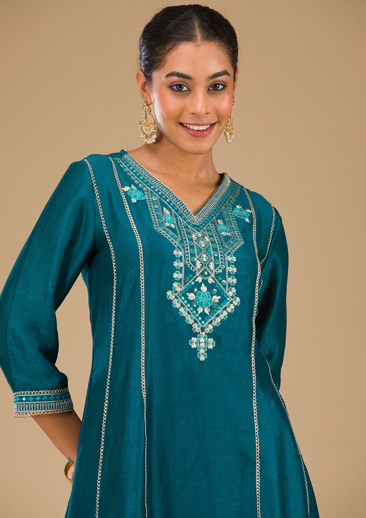 Koskii Teal Soft Raw Silk Salwar Suit – Readymade Elegance
