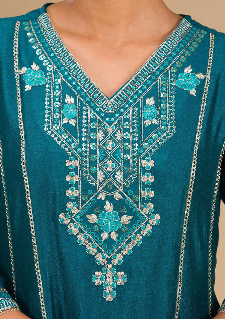 Koskii Teal Soft Raw Silk Salwar Suit – Readymade Elegance