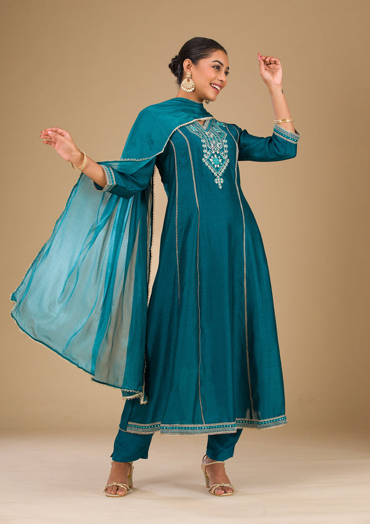 Koskii Teal Soft Raw Silk Salwar Suit – Readymade Elegance