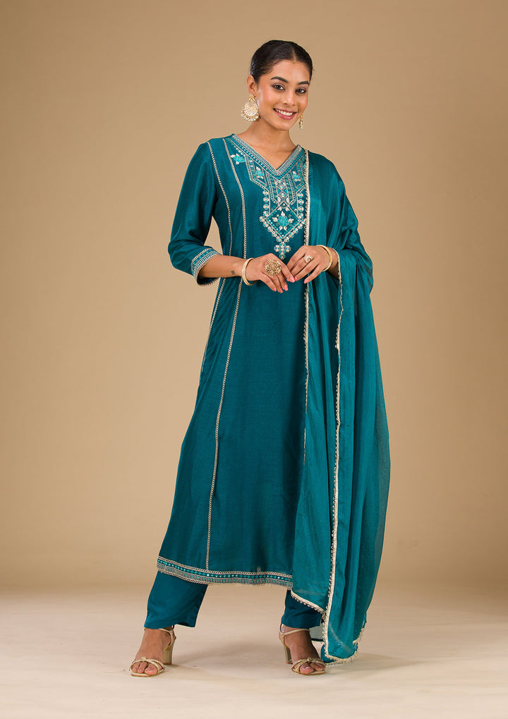 Koskii Teal Soft Raw Silk Salwar Suit – Readymade Elegance