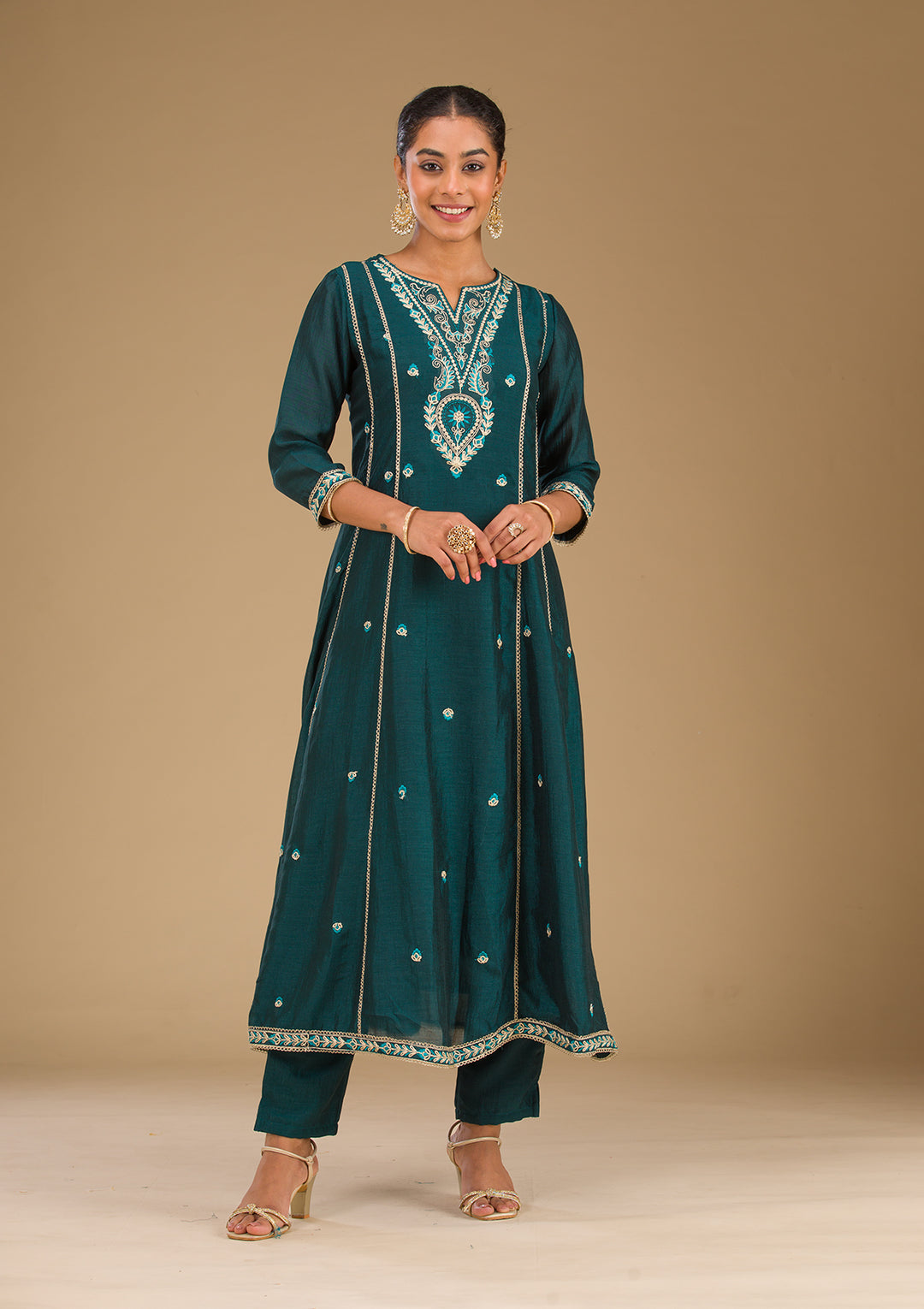Koskii Emerald Green Soft Raw Silk Salwar Suit – Readymade Threadwork Elegance