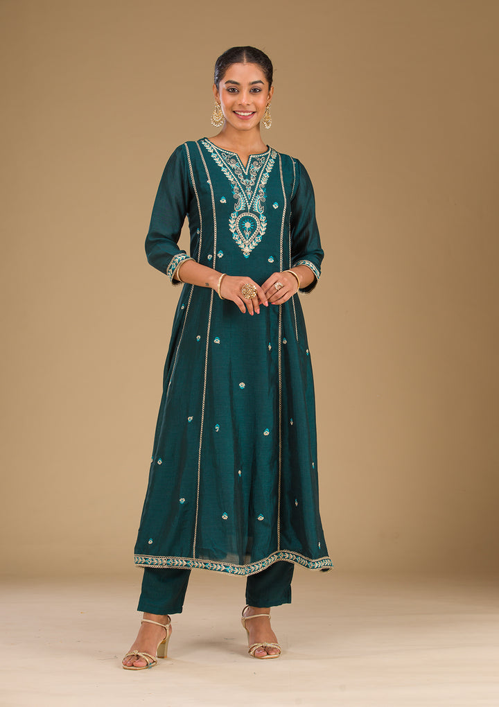 Koskii Emerald Green Soft Raw Silk Salwar Suit – Readymade Threadwork Elegance