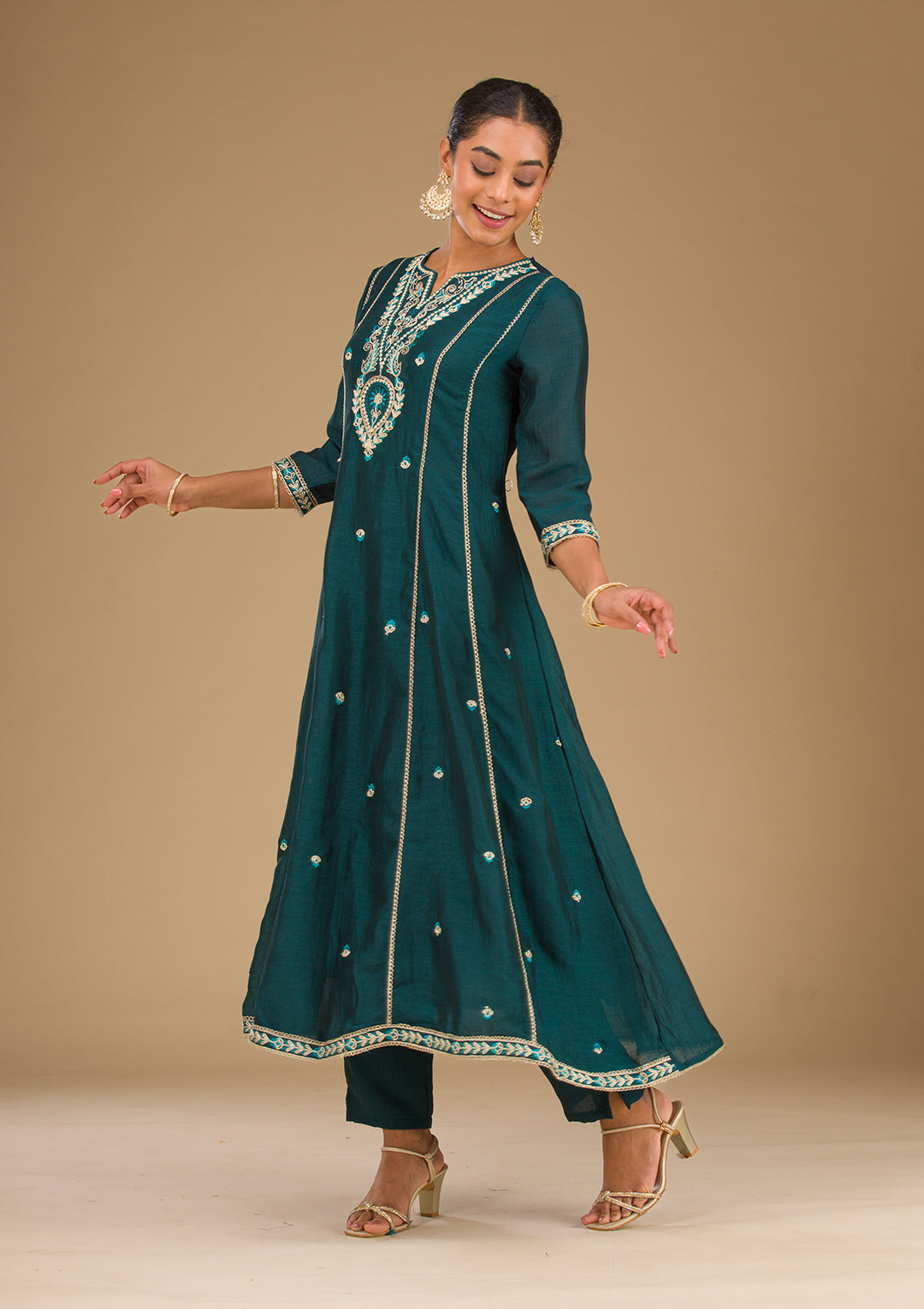 Koskii Emerald Green Soft Raw Silk Salwar Suit – Readymade Threadwork Elegance