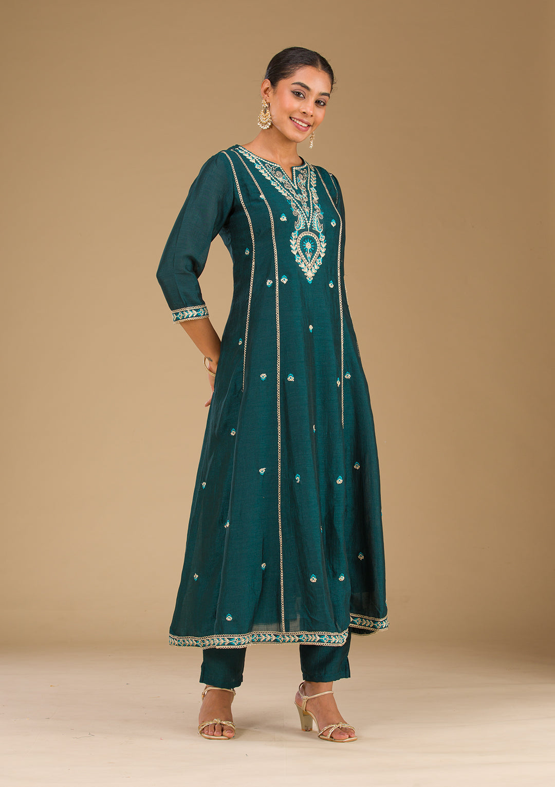 Koskii Emerald Green Soft Raw Silk Salwar Suit – Readymade Threadwork Elegance
