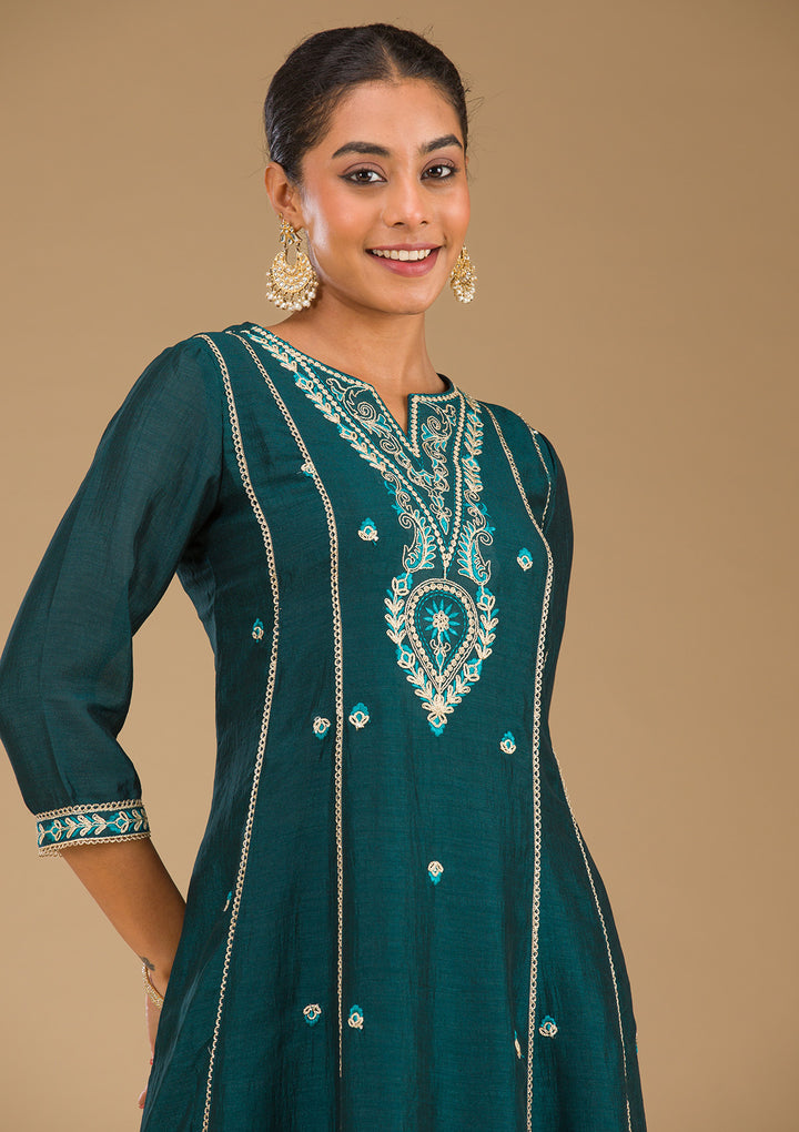 Koskii Emerald Green Soft Raw Silk Salwar Suit – Readymade Threadwork Elegance
