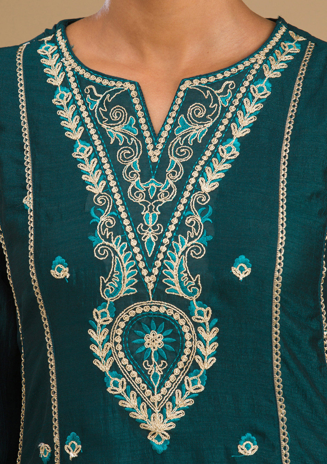 Koskii Emerald Green Soft Raw Silk Salwar Suit – Readymade Threadwork Elegance