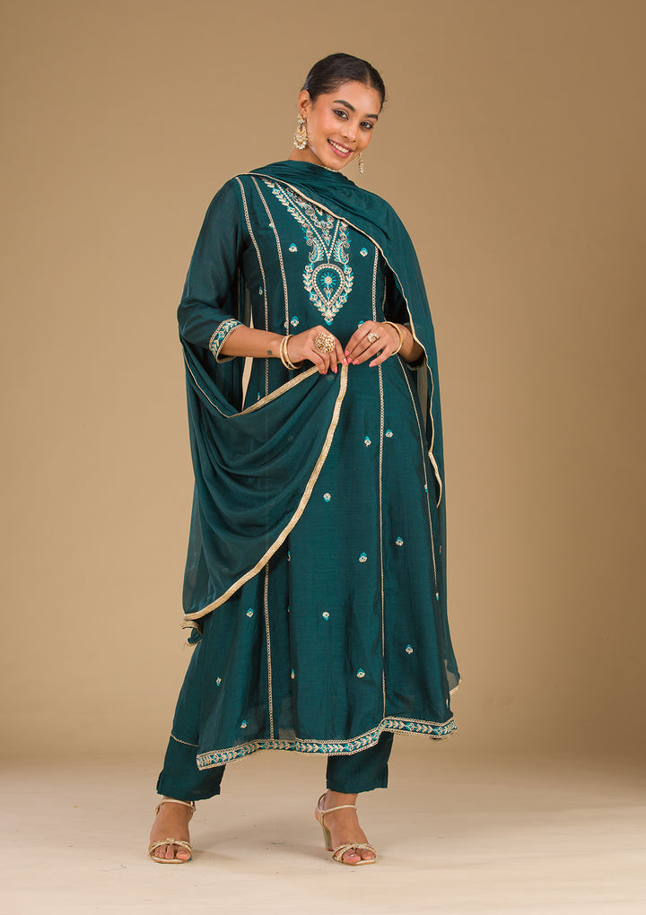 Koskii Emerald Green Soft Raw Silk Salwar Suit – Readymade Threadwork Elegance