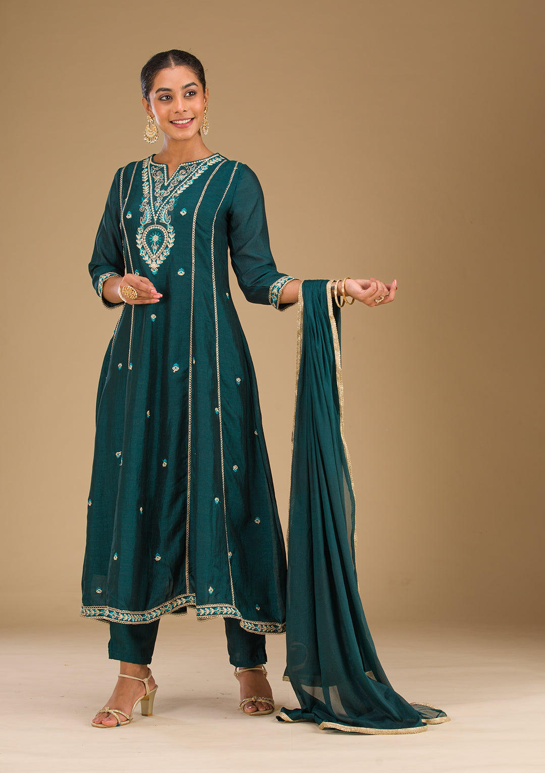 Koskii Emerald Green Soft Raw Silk Salwar Suit – Readymade Threadwork Elegance