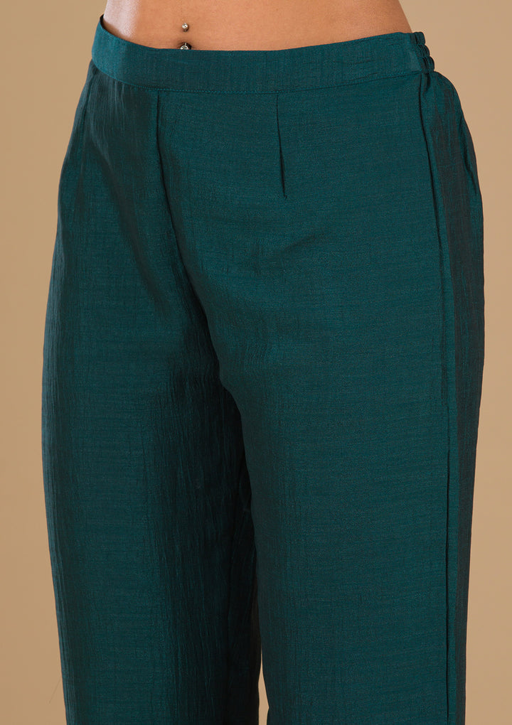 Koskii Emerald Green Soft Raw Silk Salwar Suit – Readymade Threadwork Elegance