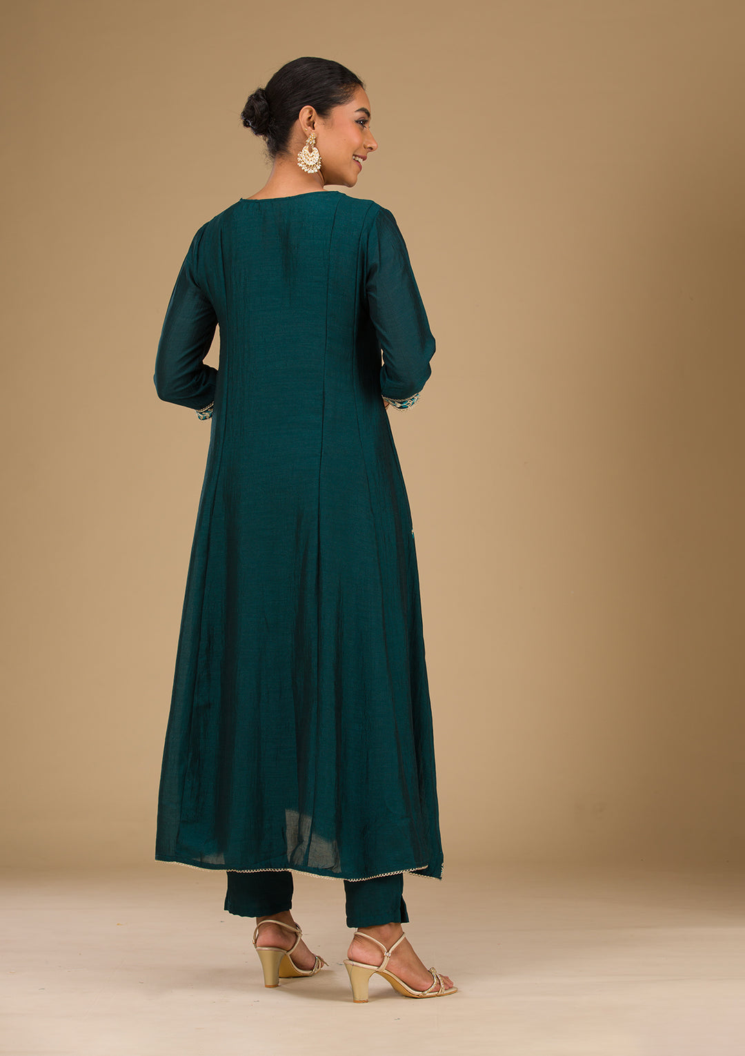 Koskii Emerald Green Soft Raw Silk Salwar Suit – Readymade Threadwork Elegance