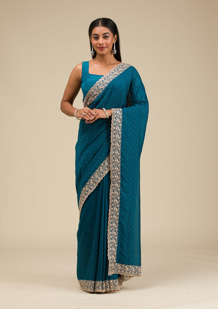 Peacock Blue Soft Raw Silk Gold Zariwork Saree With Matching Blouse Piece