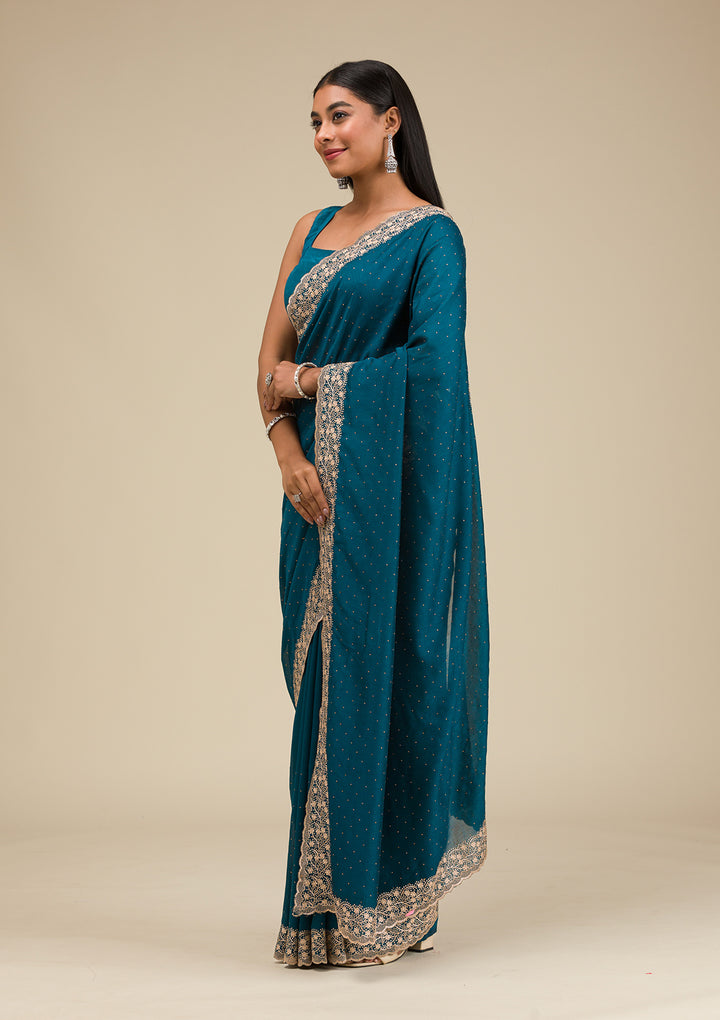 Peacock Blue Soft Raw Silk Gold Zariwork Saree With Matching Blouse Piece