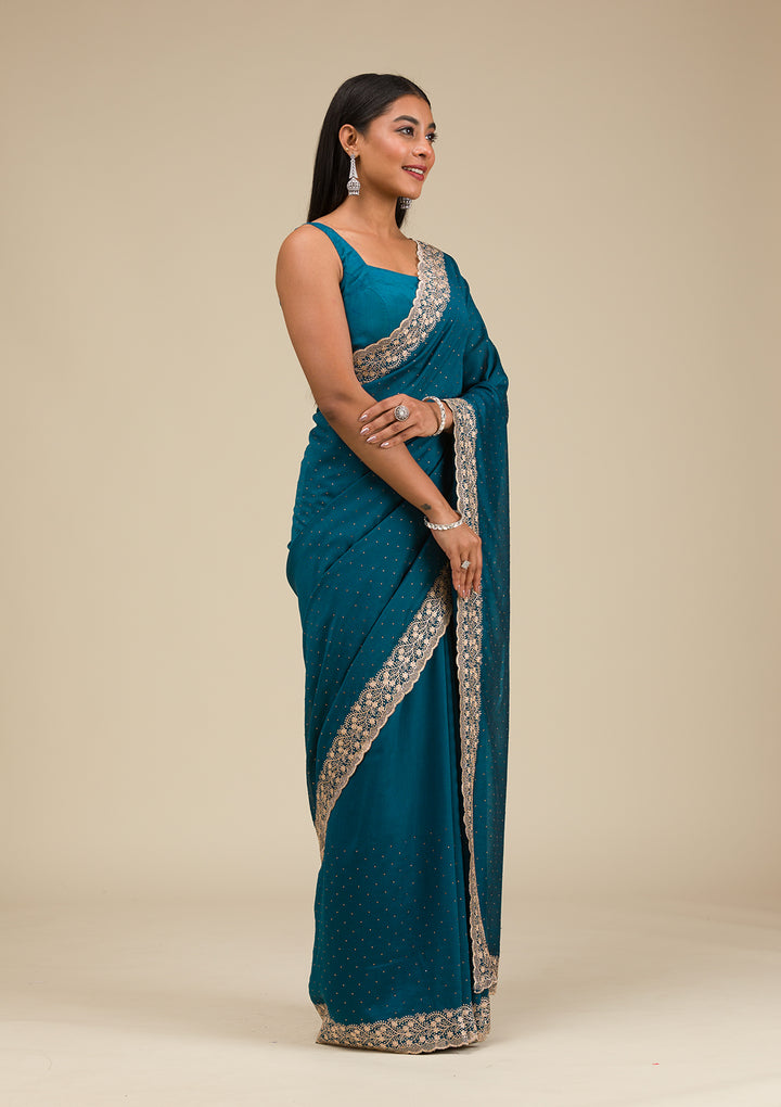 Peacock Blue Soft Raw Silk Gold Zariwork Saree With Matching Blouse Piece