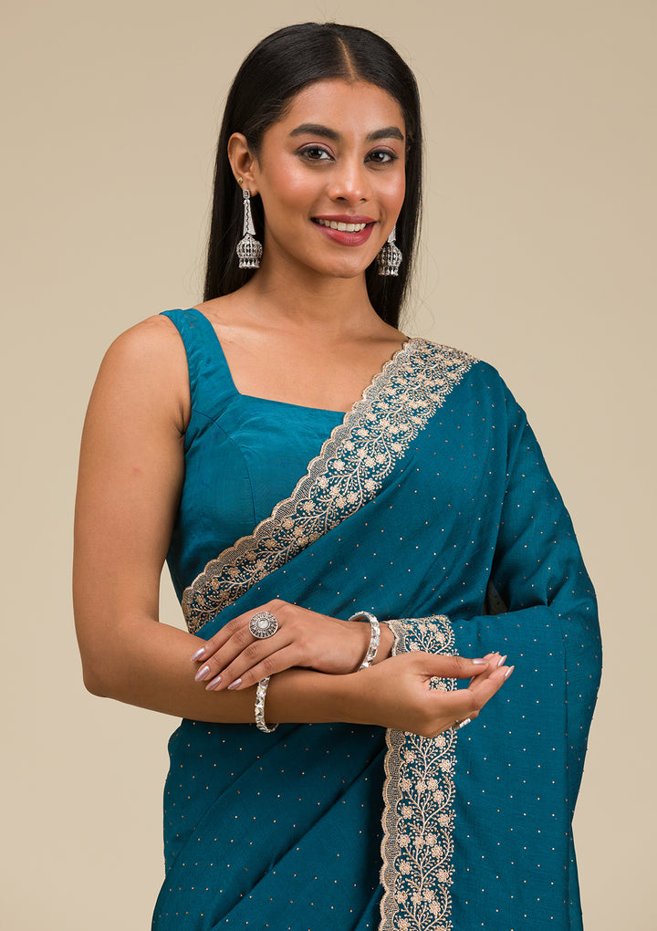 Peacock Blue Soft Raw Silk Gold Zariwork Saree With Matching Blouse Piece