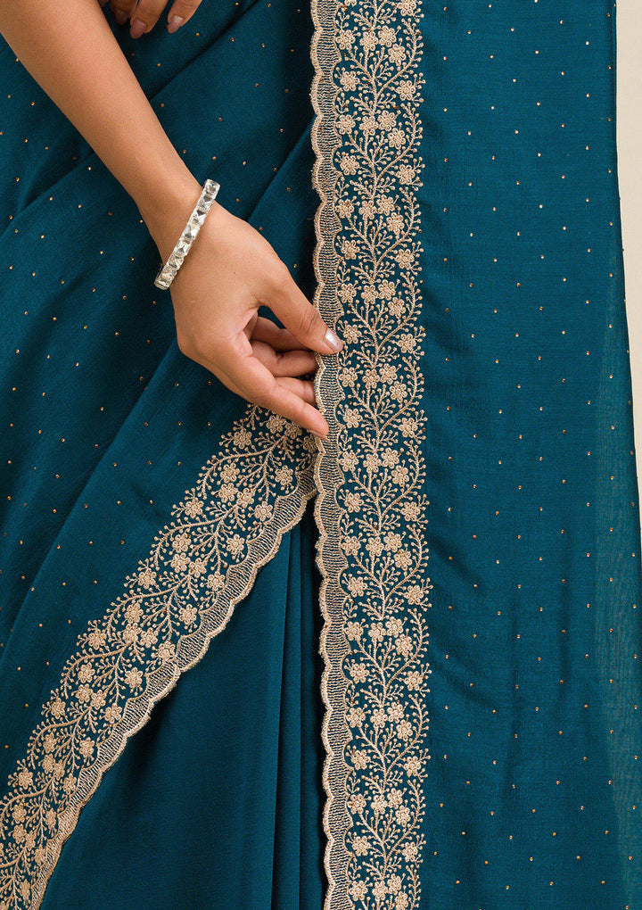 Peacock Blue Soft Raw Silk Gold Zariwork Saree With Matching Blouse Piece
