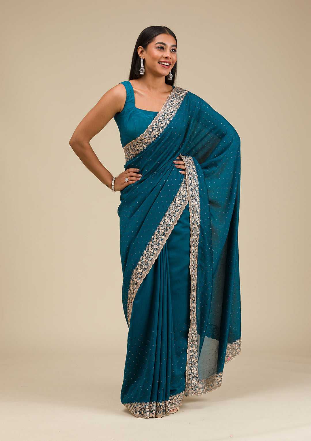 Peacock Blue Soft Raw Silk Gold Zariwork Saree With Matching Blouse Piece