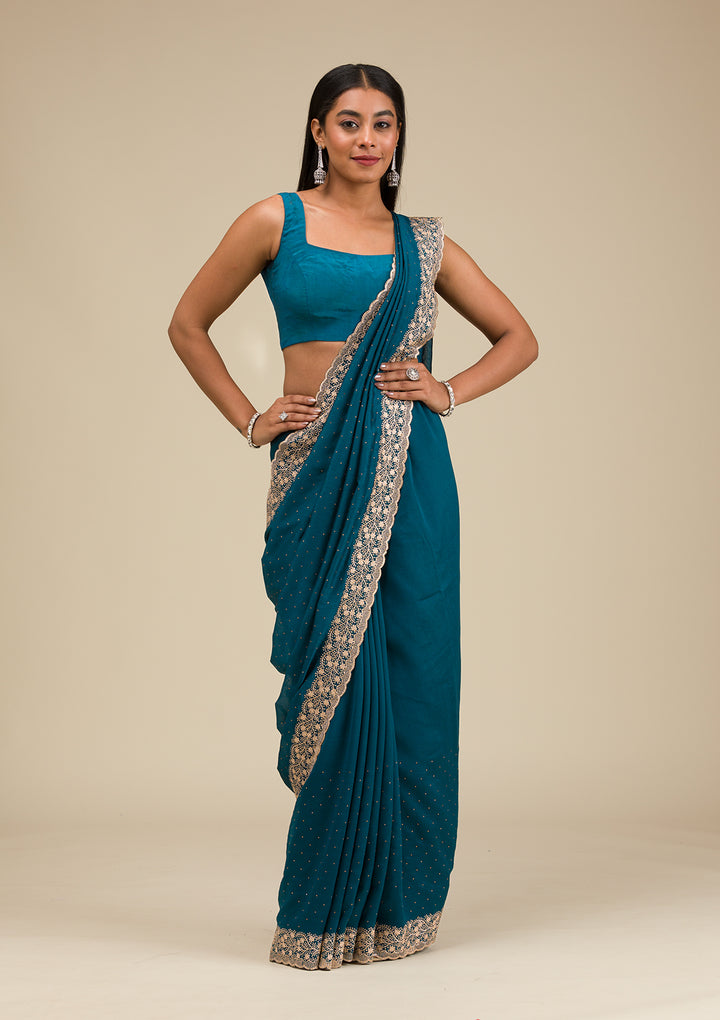 Peacock Blue Soft Raw Silk Gold Zariwork Saree With Matching Blouse Piece