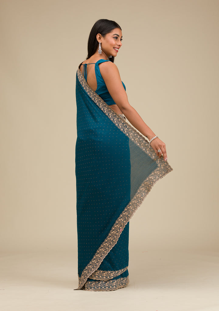 Peacock Blue Soft Raw Silk Gold Zariwork Saree With Matching Blouse Piece