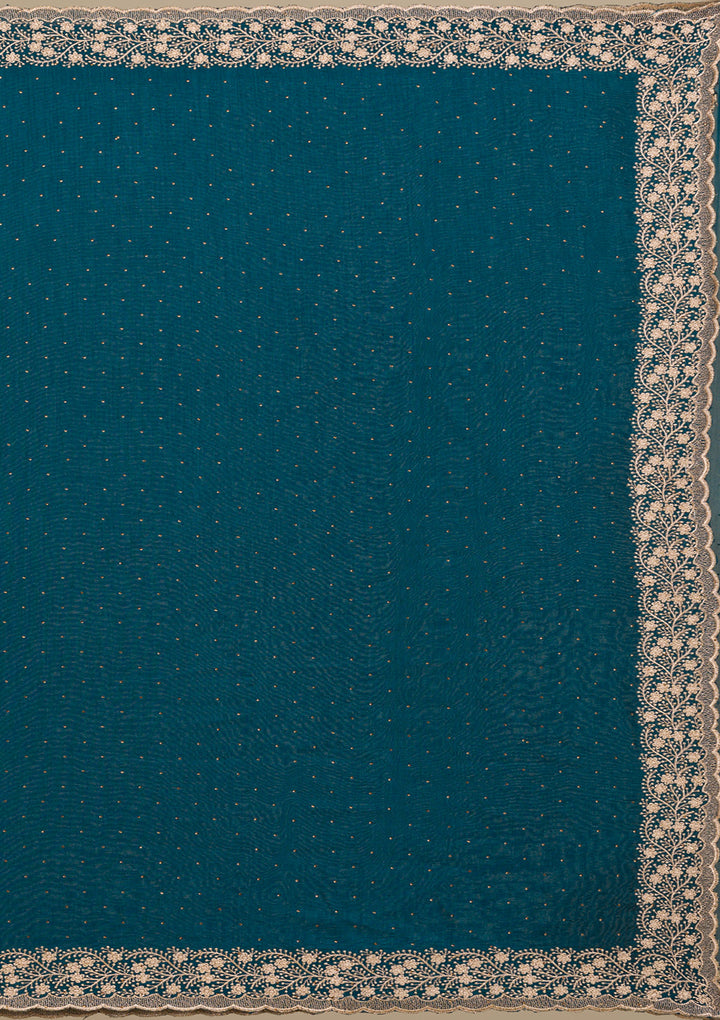 Peacock Blue Soft Raw Silk Gold Zariwork Saree With Matching Blouse Piece
