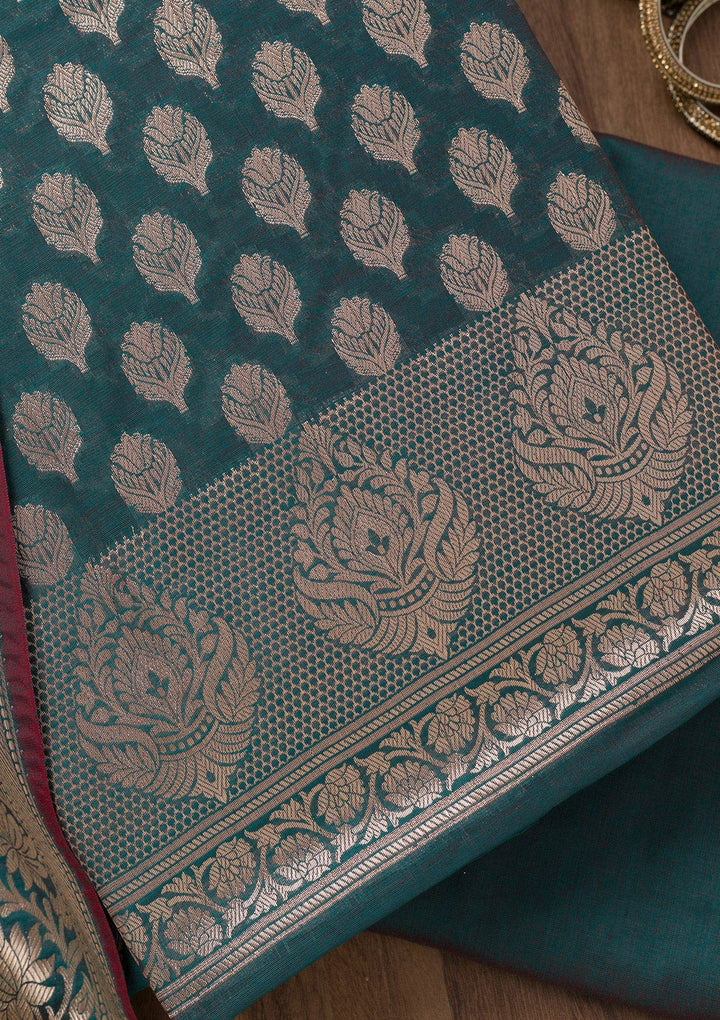 Peacock Blue Zariwork Banarasi Unstitched Salwar Suit