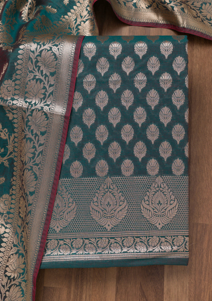 Peacock Blue Zariwork Banarasi Unstitched Salwar Suit