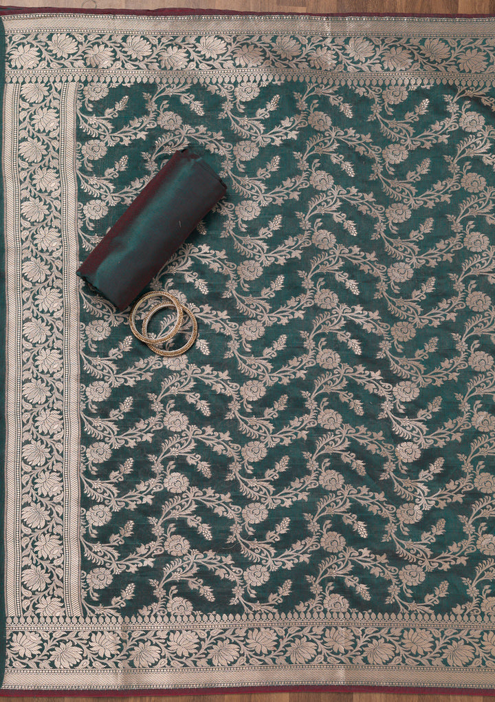 Peacock Blue Zariwork Banarasi Unstitched Salwar Suit