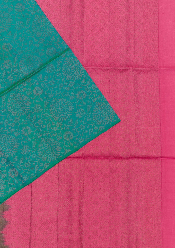 Peacock Blue Silk Jaal Gold Zariwork Saree With Matching Blouse Piece